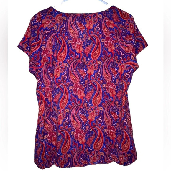 Liz Claiborne Paisley Short Sleeve Blouse Size Medium Red Blue Sheer Spring Boho - Picture 2 of 6